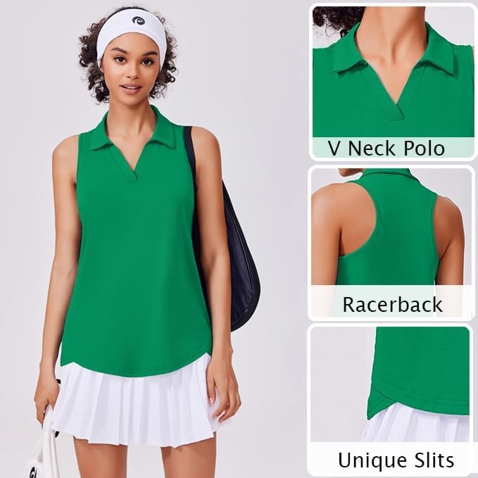 image:imagePINSPARK Womens Golf Shirt UPF 50 Sleeveless Collared Shirts Quick Dry Tennis Polo VNeck Racerback Athletic Workout TankGreen