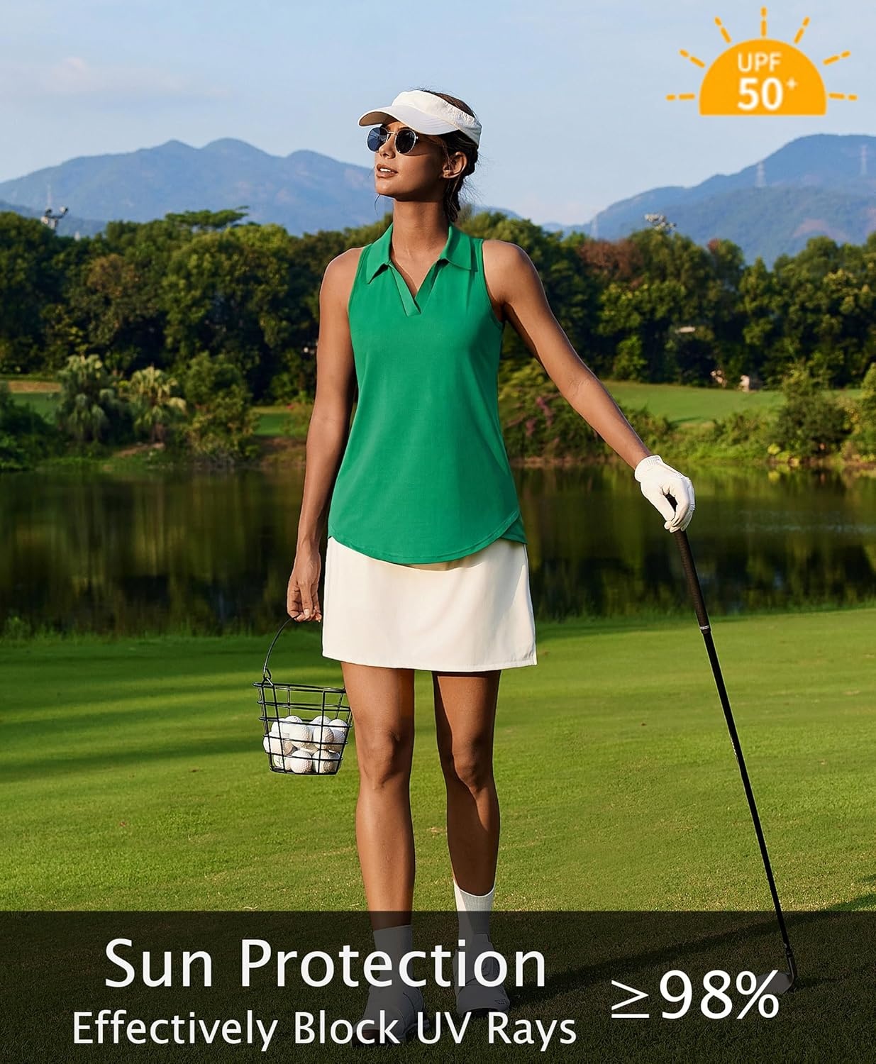 image:imagePINSPARK Womens Golf Shirt UPF 50 Sleeveless Collared Shirts Quick Dry Tennis Polo VNeck Racerback Athletic Workout TankGreen
