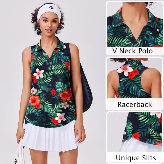 image:imagePINSPARK Womens Golf Shirt UPF 50 Sleeveless Collared Shirts Quick Dry Tennis Polo VNeck Racerback Athletic Workout TankHawaiian Flowers