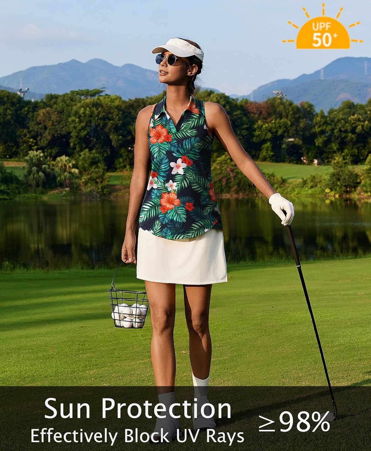image:imagePINSPARK Womens Golf Shirt UPF 50 Sleeveless Collared Shirts Quick Dry Tennis Polo VNeck Racerback Athletic Workout TankHawaiian Flowers