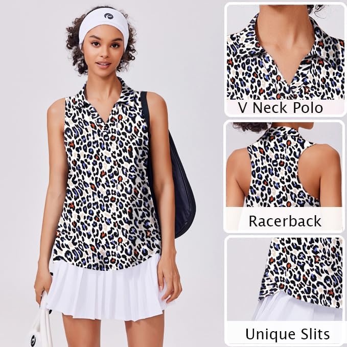 image:imagePINSPARK Womens Golf Shirt UPF 50 Sleeveless Collared Shirts Quick Dry Tennis Polo VNeck Racerback Athletic Workout TankMulti Leopard