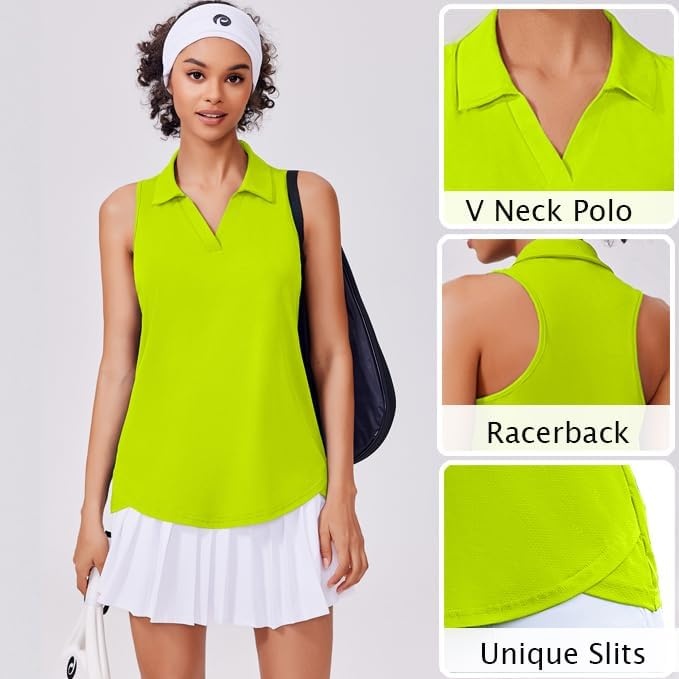 image:imagePINSPARK Womens Golf Shirt UPF 50 Sleeveless Collared Shirts Quick Dry Tennis Polo VNeck Racerback Athletic Workout TankNeon Green