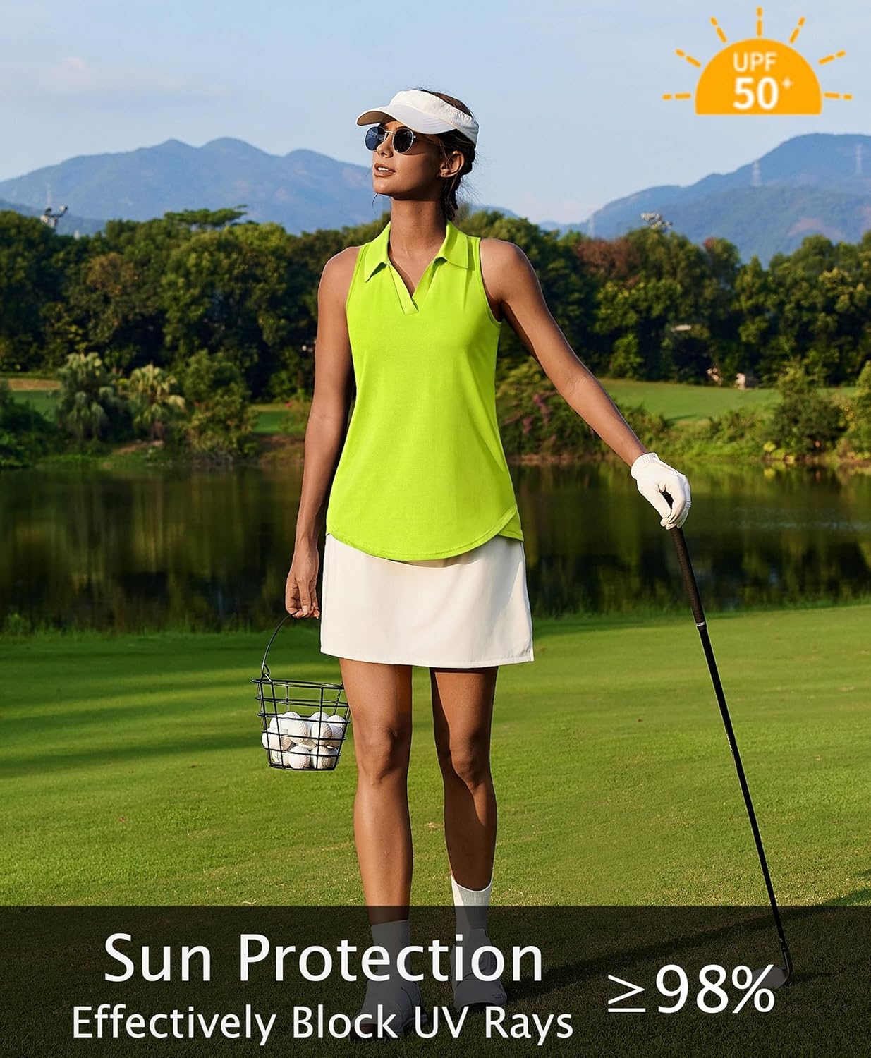 image:imagePINSPARK Womens Golf Shirt UPF 50 Sleeveless Collared Shirts Quick Dry Tennis Polo VNeck Racerback Athletic Workout TankNeon Green