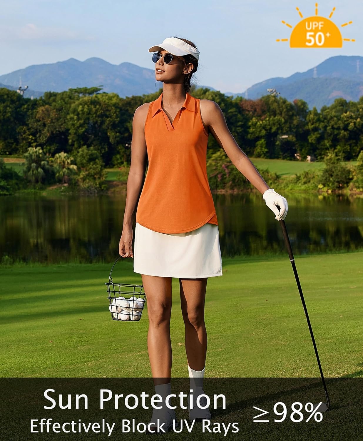image:imagePINSPARK Womens Golf Shirt UPF 50 Sleeveless Collared Shirts Quick Dry Tennis Polo VNeck Racerback Athletic Workout TankOrange
