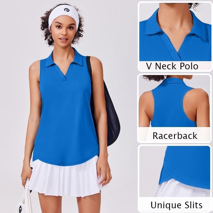 image:imagePINSPARK Womens Golf Shirt UPF 50 Sleeveless Collared Shirts Quick Dry Tennis Polo VNeck Racerback Athletic Workout TankSparkle Blue
