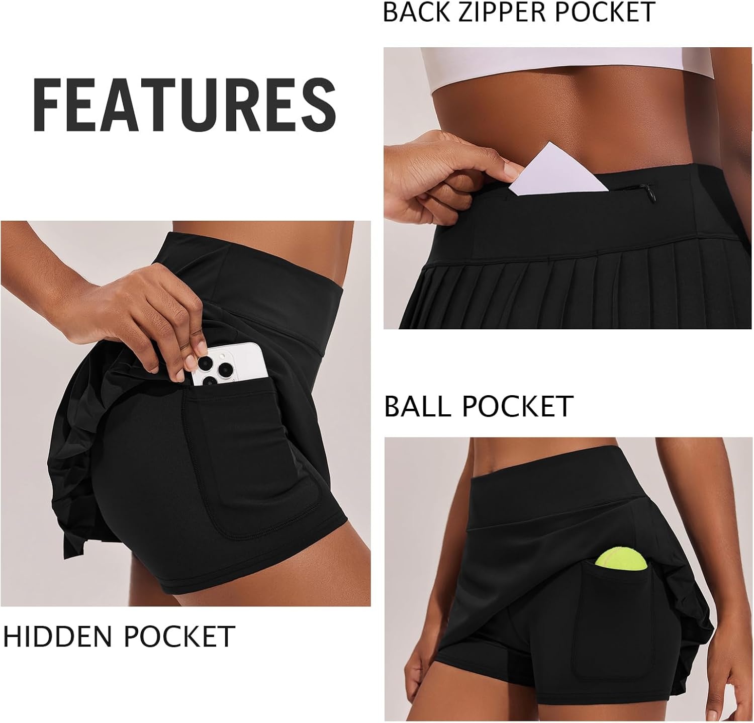 image:imagePINSPARK Womens Pleated Tennis Skirt High Waisted Golf Skirts with 3 Pockets Lightweight Athletic Skort Workout PickleballBlack