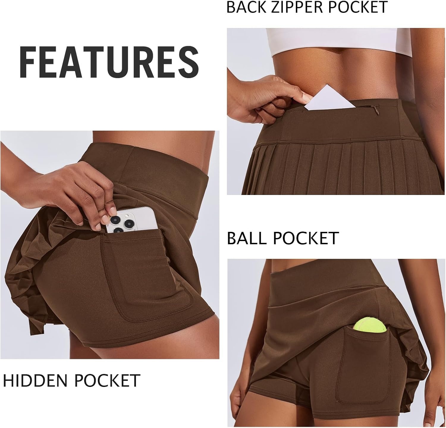 image:imagePINSPARK Womens Pleated Tennis Skirt High Waisted Golf Skirts with 3 Pockets Lightweight Athletic Skort Workout PickleballBrown