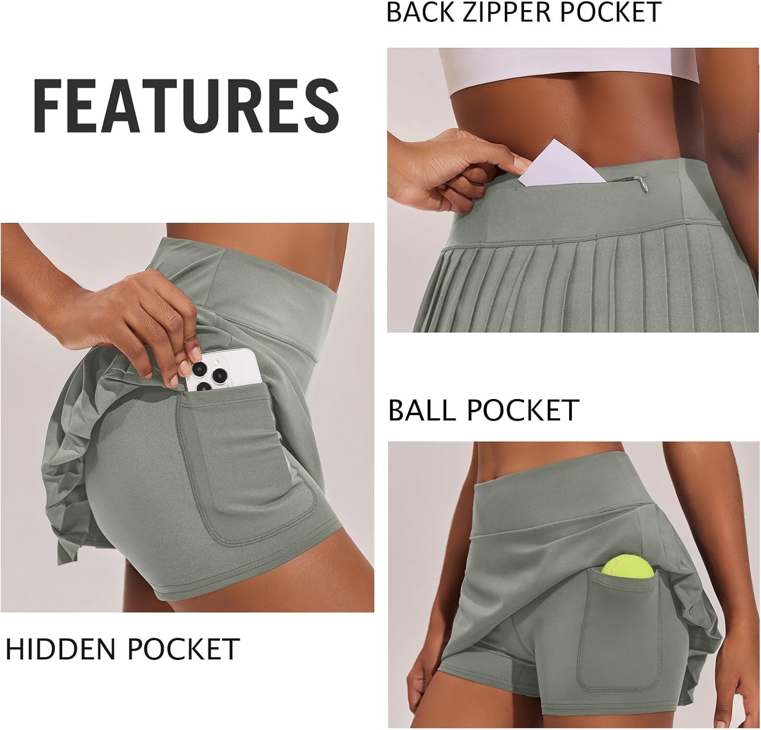 image:imagePINSPARK Womens Pleated Tennis Skirt High Waisted Golf Skirts with 3 Pockets Lightweight Athletic Skort Workout PickleballGrey Sage