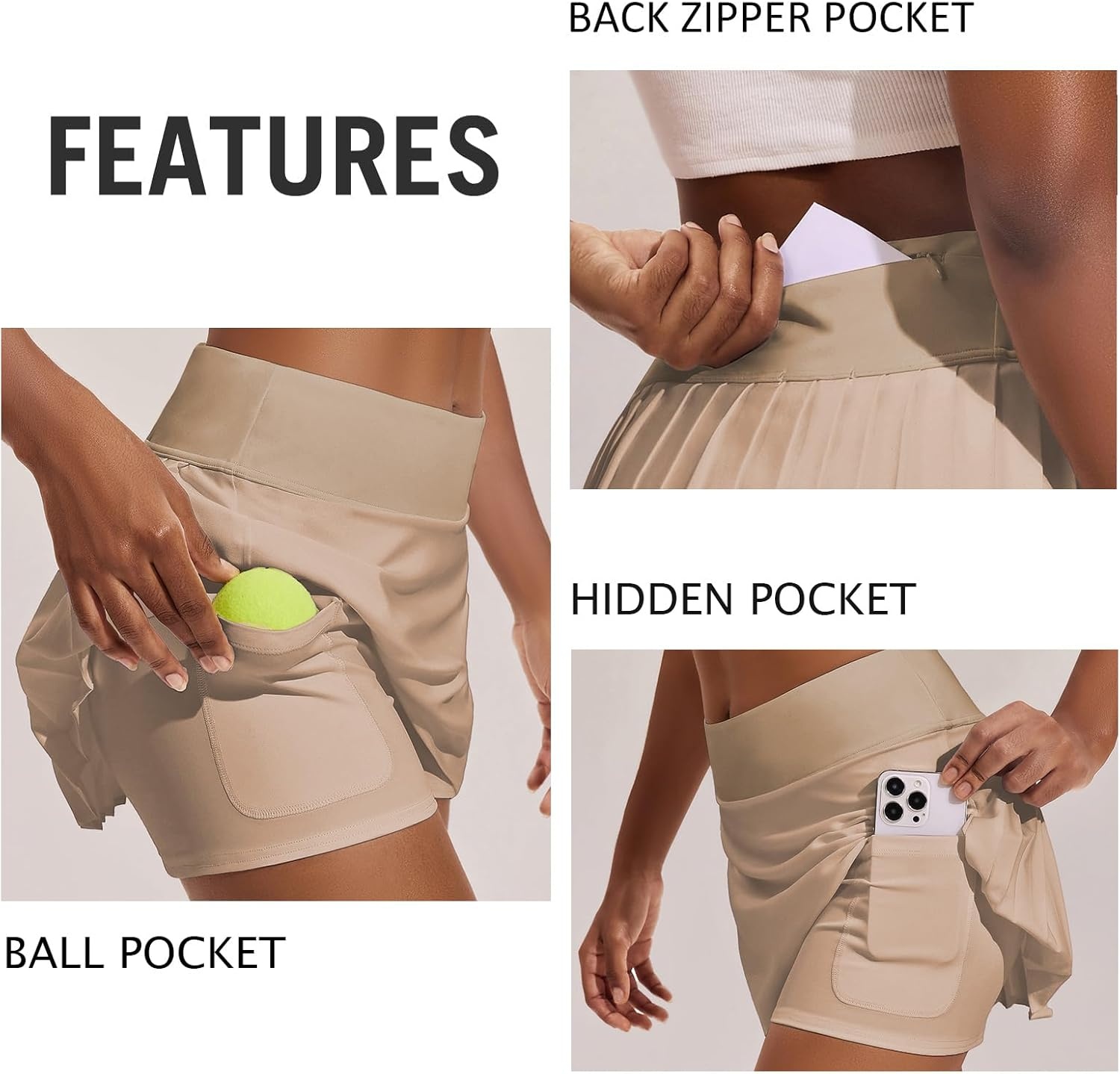 image:imagePINSPARK Womens Pleated Tennis Skirt High Waisted Golf Skirts with 3 Pockets Lightweight Athletic Skort Workout PickleballKhaki
