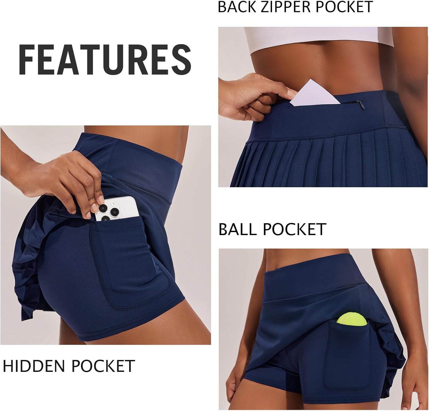 image:imagePINSPARK Womens Pleated Tennis Skirt High Waisted Golf Skirts with 3 Pockets Lightweight Athletic Skort Workout PickleballNavy Blue