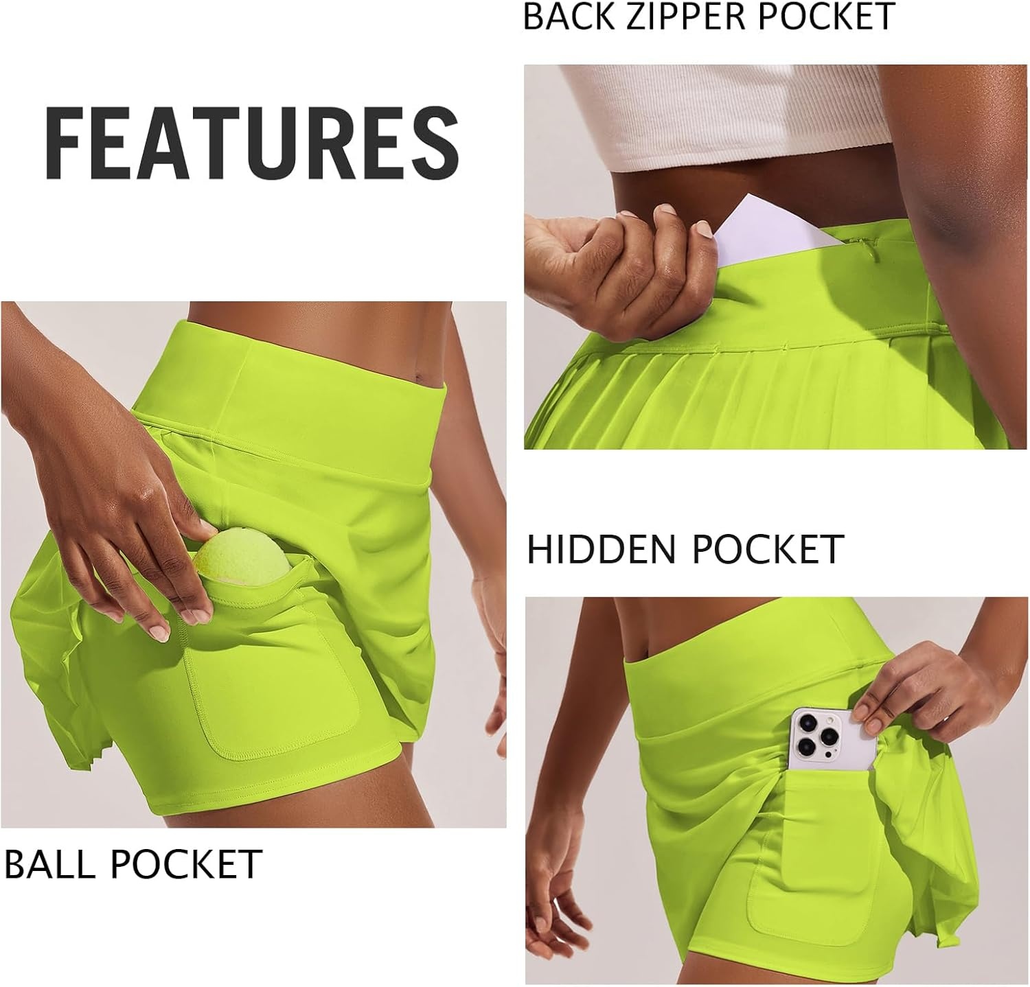 image:imagePINSPARK Womens Pleated Tennis Skirt High Waisted Golf Skirts with 3 Pockets Lightweight Athletic Skort Workout PickleballNeon Green