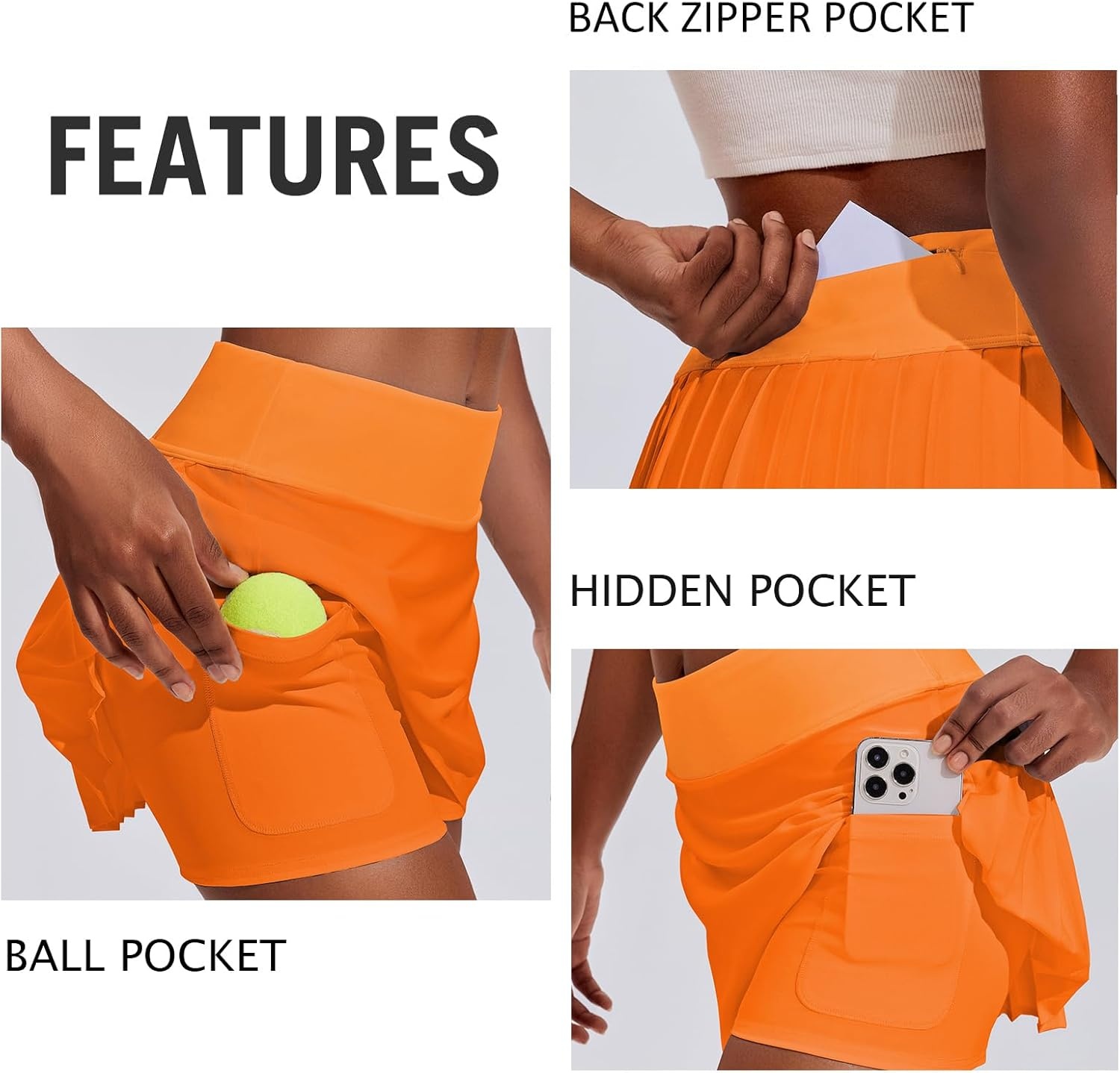 image:imagePINSPARK Womens Pleated Tennis Skirt High Waisted Golf Skirts with 3 Pockets Lightweight Athletic Skort Workout PickleballOrange