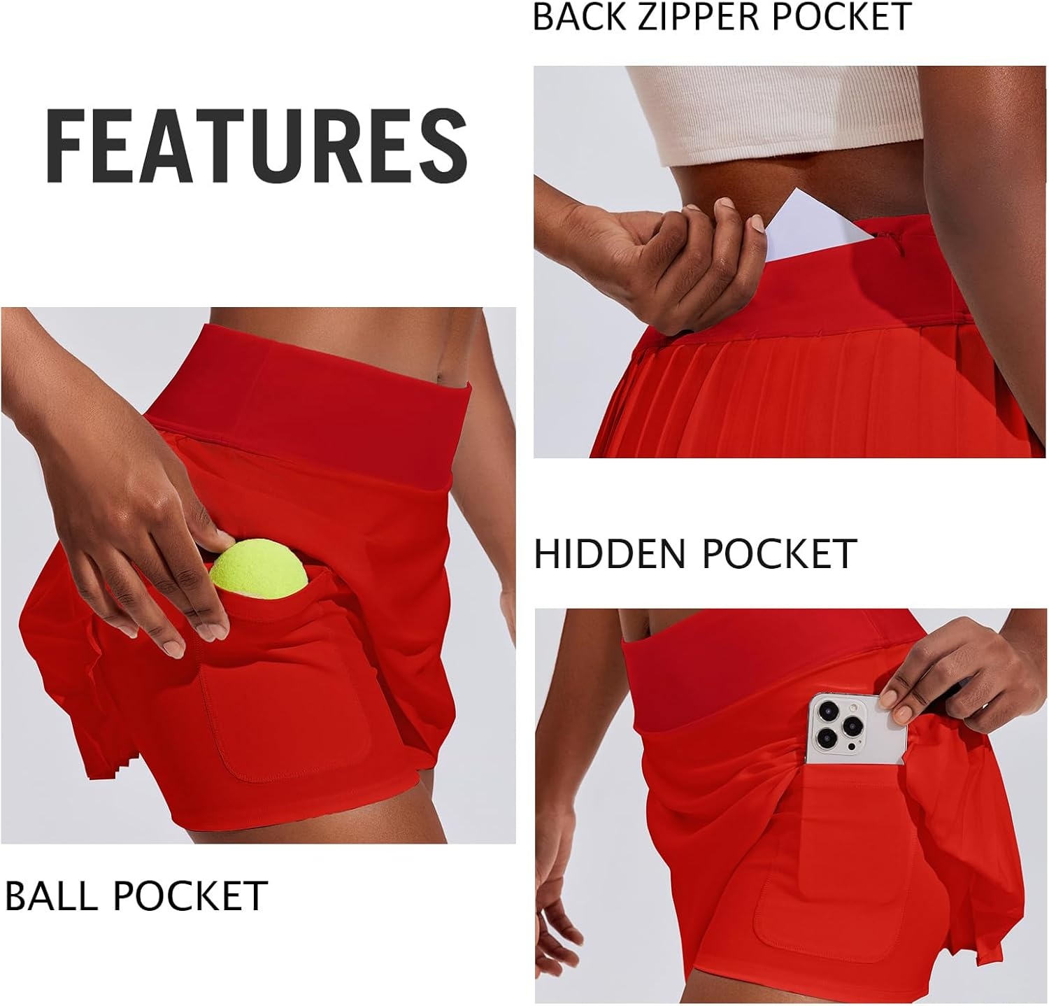 image:imagePINSPARK Womens Pleated Tennis Skirt High Waisted Golf Skirts with 3 Pockets Lightweight Athletic Skort Workout PickleballRed