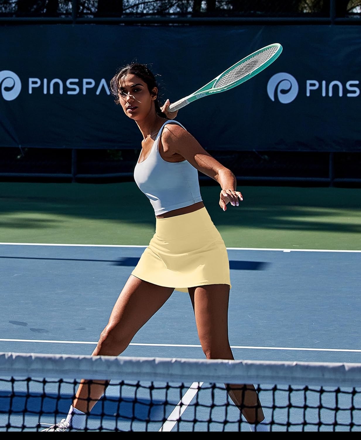 image:imagePINSPARK Womens Tennis Skirt High Waisted Golf Skort with 2 Pockets Stretchy Athletic Skirts for Workout Pickleball RunningButter Yellow