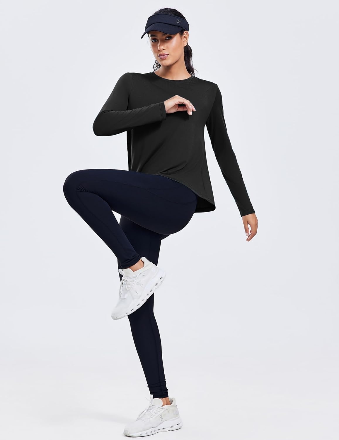 image:imagePINSPARK Workout Tops for Women Long Sleeve Athletic Shirt Soft Loose Fit Exercise Shirt with Back Pleated Pilates Yoga TopsBlack