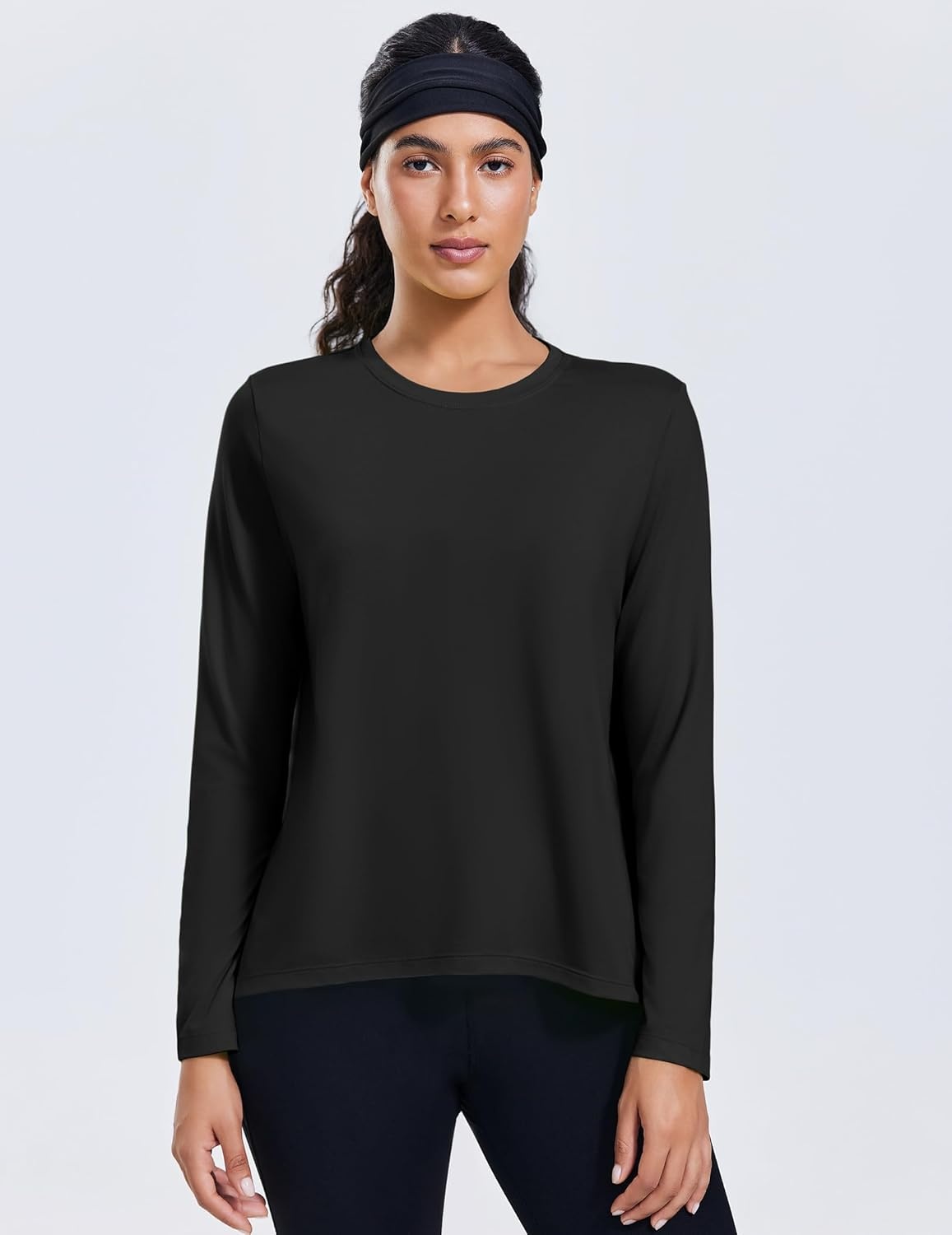 image:imagePINSPARK Workout Tops for Women Long Sleeve Athletic Shirt Soft Loose Fit Exercise Shirt with Back Pleated Pilates Yoga TopsBlack