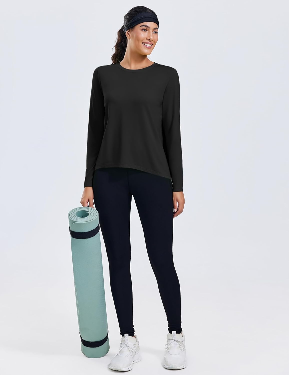 image:imagePINSPARK Workout Tops for Women Long Sleeve Athletic Shirt Soft Loose Fit Exercise Shirt with Back Pleated Pilates Yoga TopsBlack