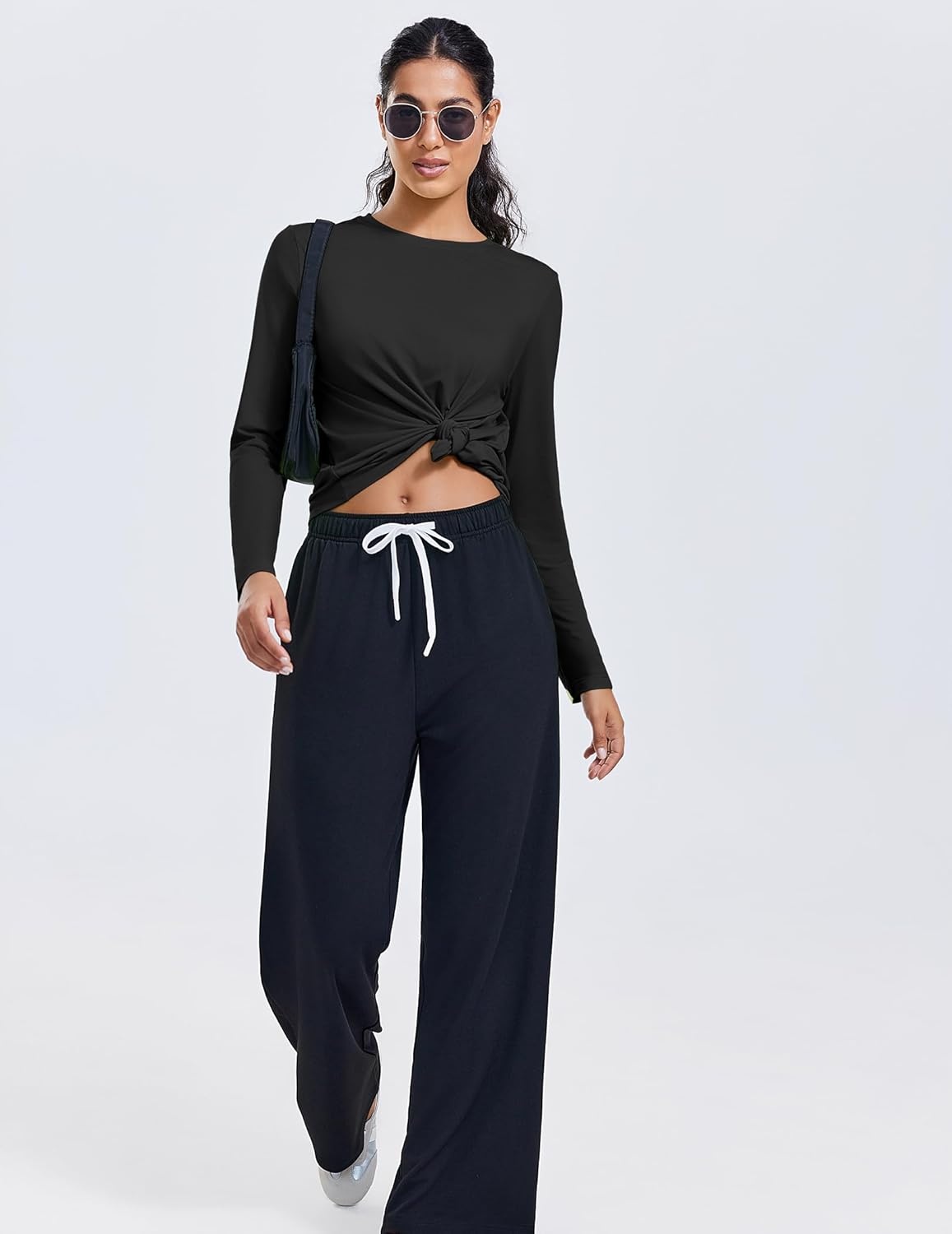 image:imagePINSPARK Workout Tops for Women Long Sleeve Athletic Shirt Soft Loose Fit Exercise Shirt with Back Pleated Pilates Yoga TopsBlack