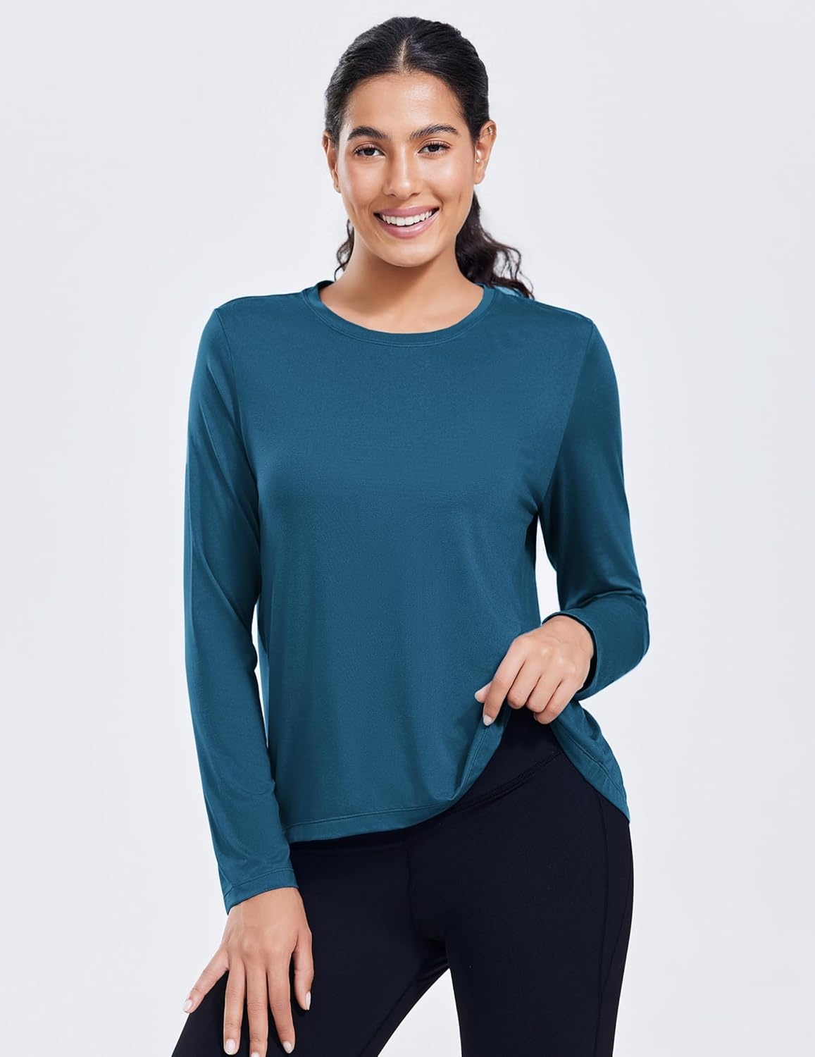 image:imagePINSPARK Workout Tops for Women Long Sleeve Athletic Shirt Soft Loose Fit Exercise Shirt with Back Pleated Pilates Yoga TopsDark Blue