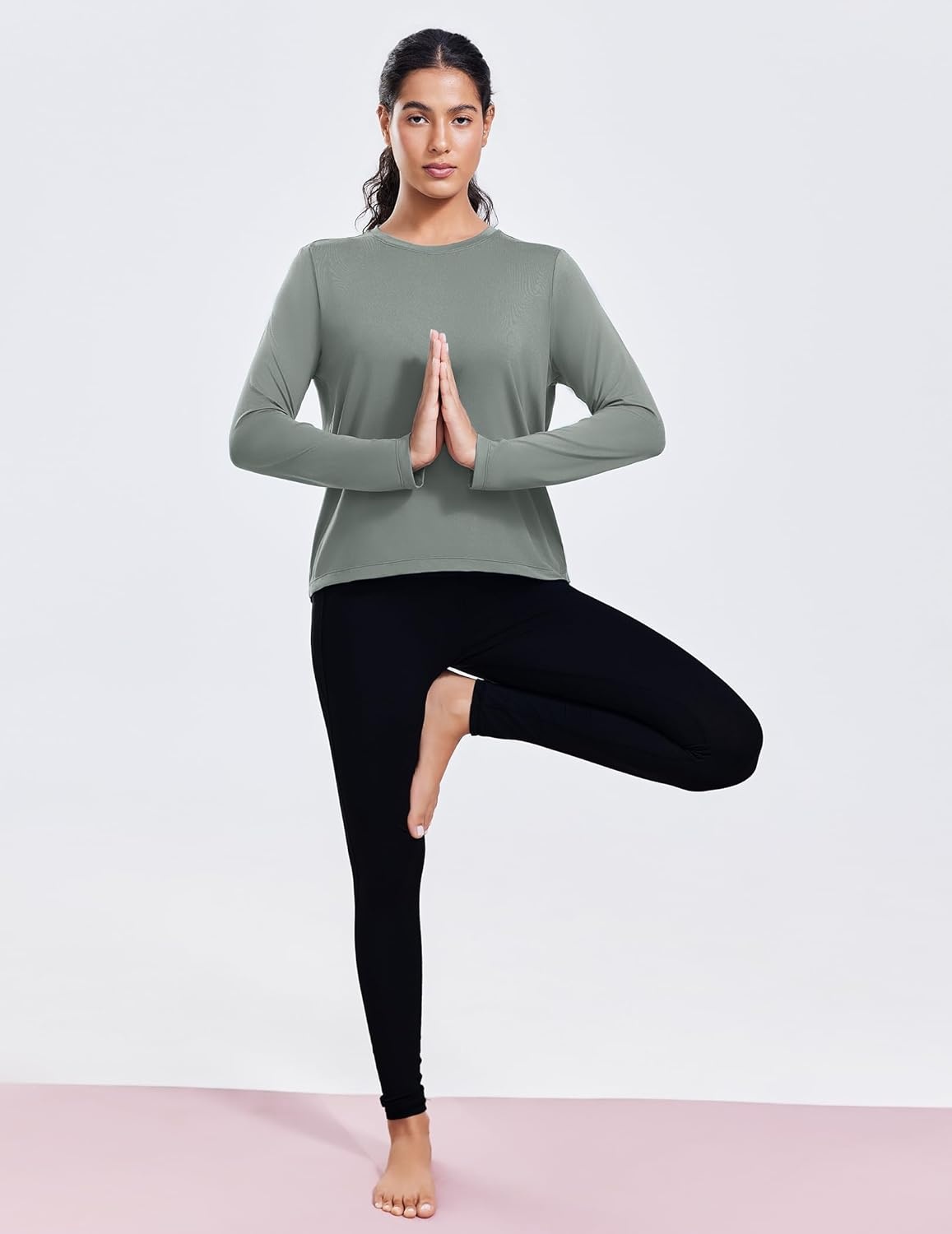 image:imagePINSPARK Workout Tops for Women Long Sleeve Athletic Shirt Soft Loose Fit Exercise Shirt with Back Pleated Pilates Yoga TopsSage Grey