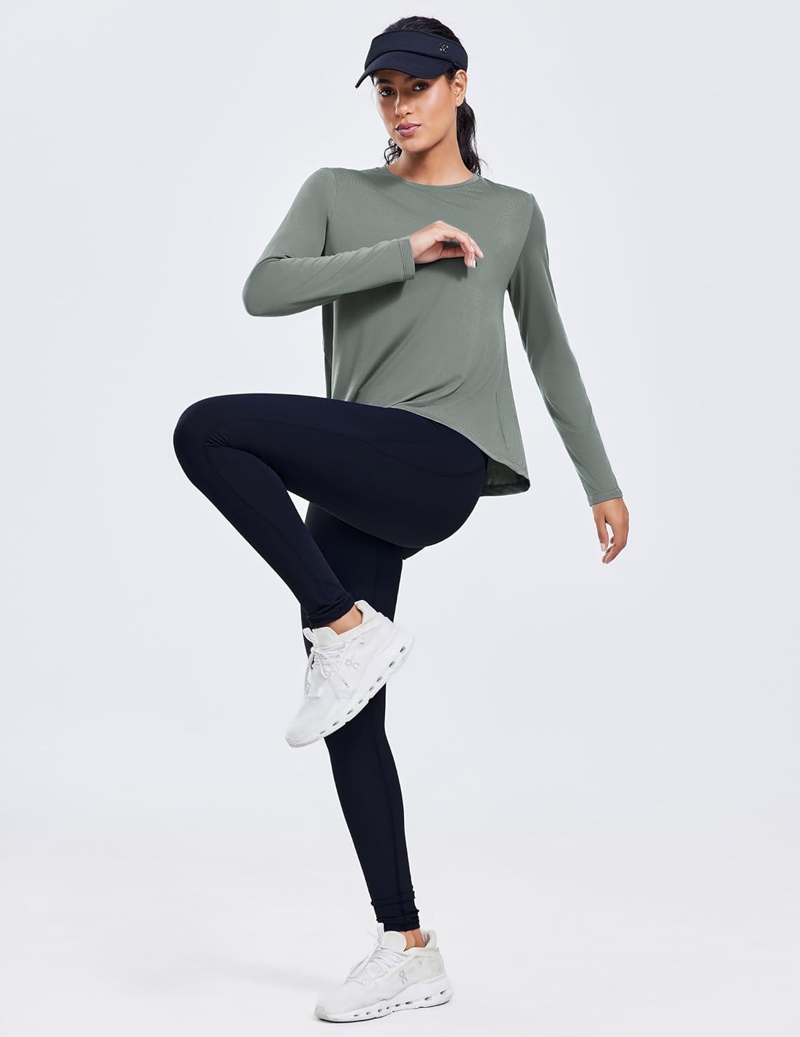 image:imagePINSPARK Workout Tops for Women Long Sleeve Athletic Shirt Soft Loose Fit Exercise Shirt with Back Pleated Pilates Yoga TopsSage Grey