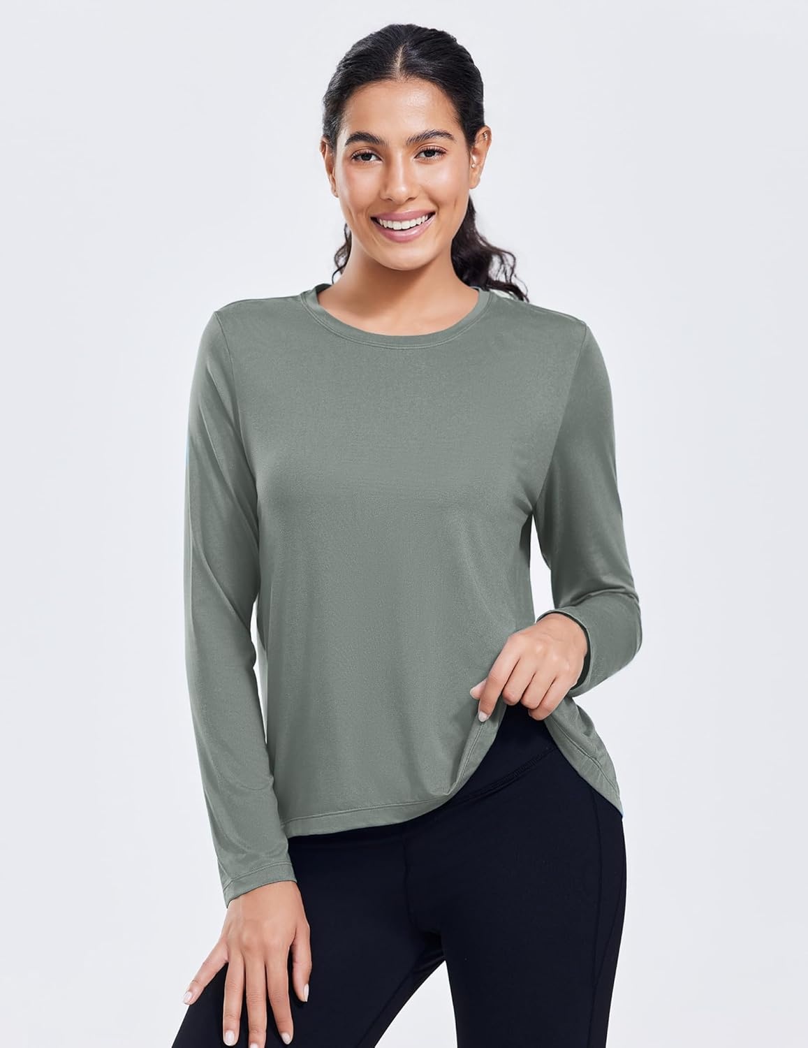 image:imagePINSPARK Workout Tops for Women Long Sleeve Athletic Shirt Soft Loose Fit Exercise Shirt with Back Pleated Pilates Yoga TopsSage Grey