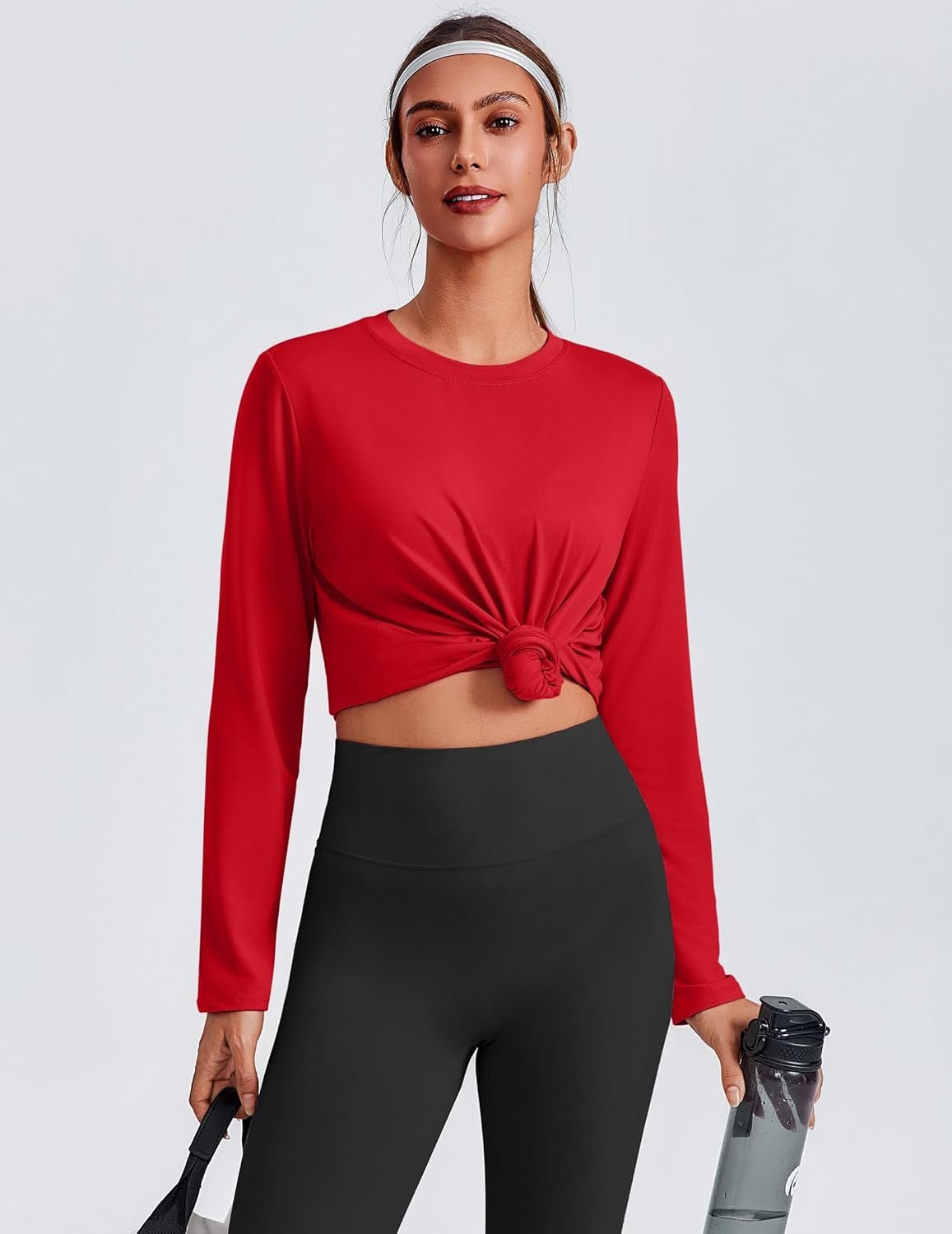 image:imagePINSPARK Workout Tops for Women Long Sleeve Yoga Shirts Quick Dry UPF 40 Athletic Top Loose Fit for Running Gym HikingRed