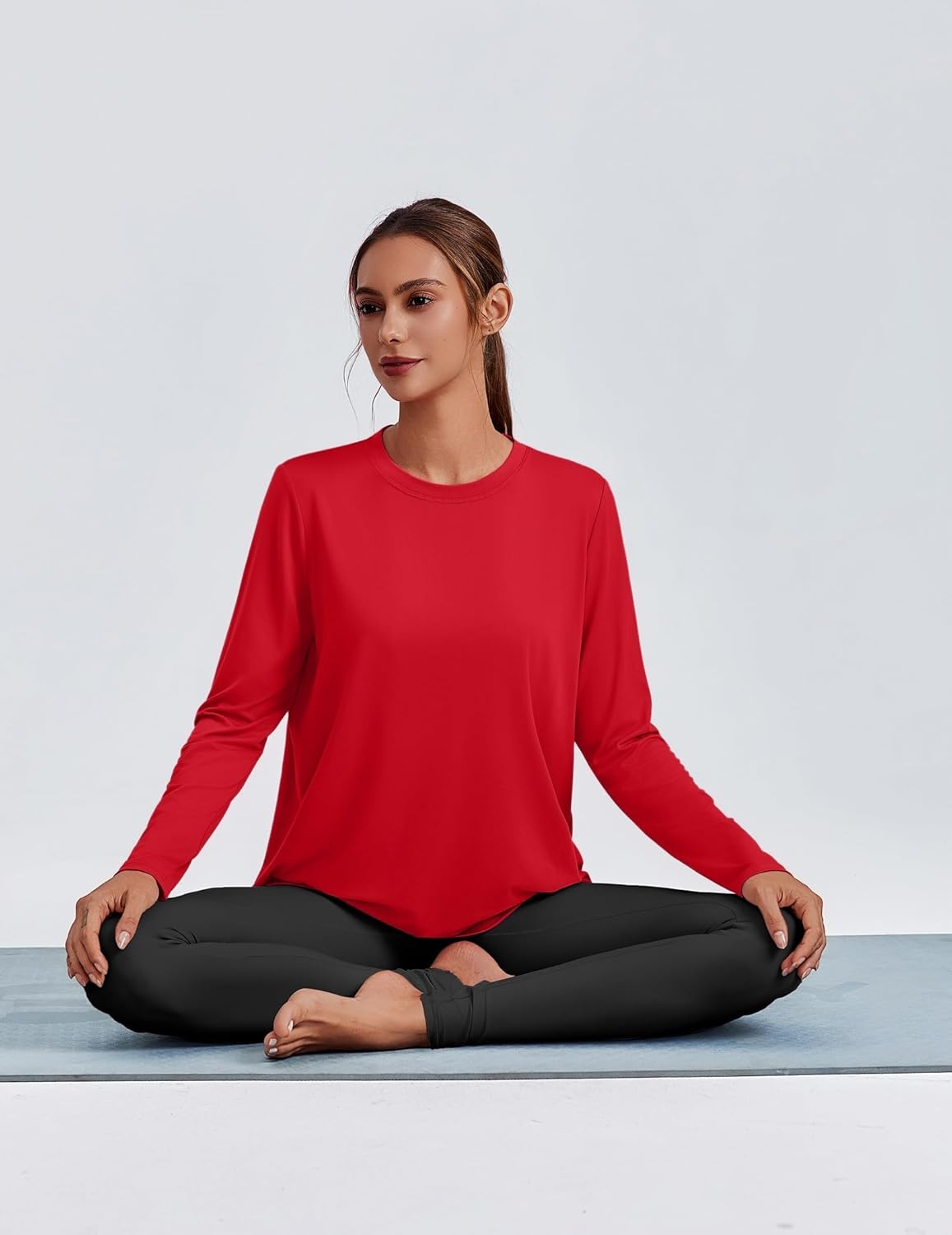 image:imagePINSPARK Workout Tops for Women Long Sleeve Yoga Shirts Quick Dry UPF 40 Athletic Top Loose Fit for Running Gym HikingRed