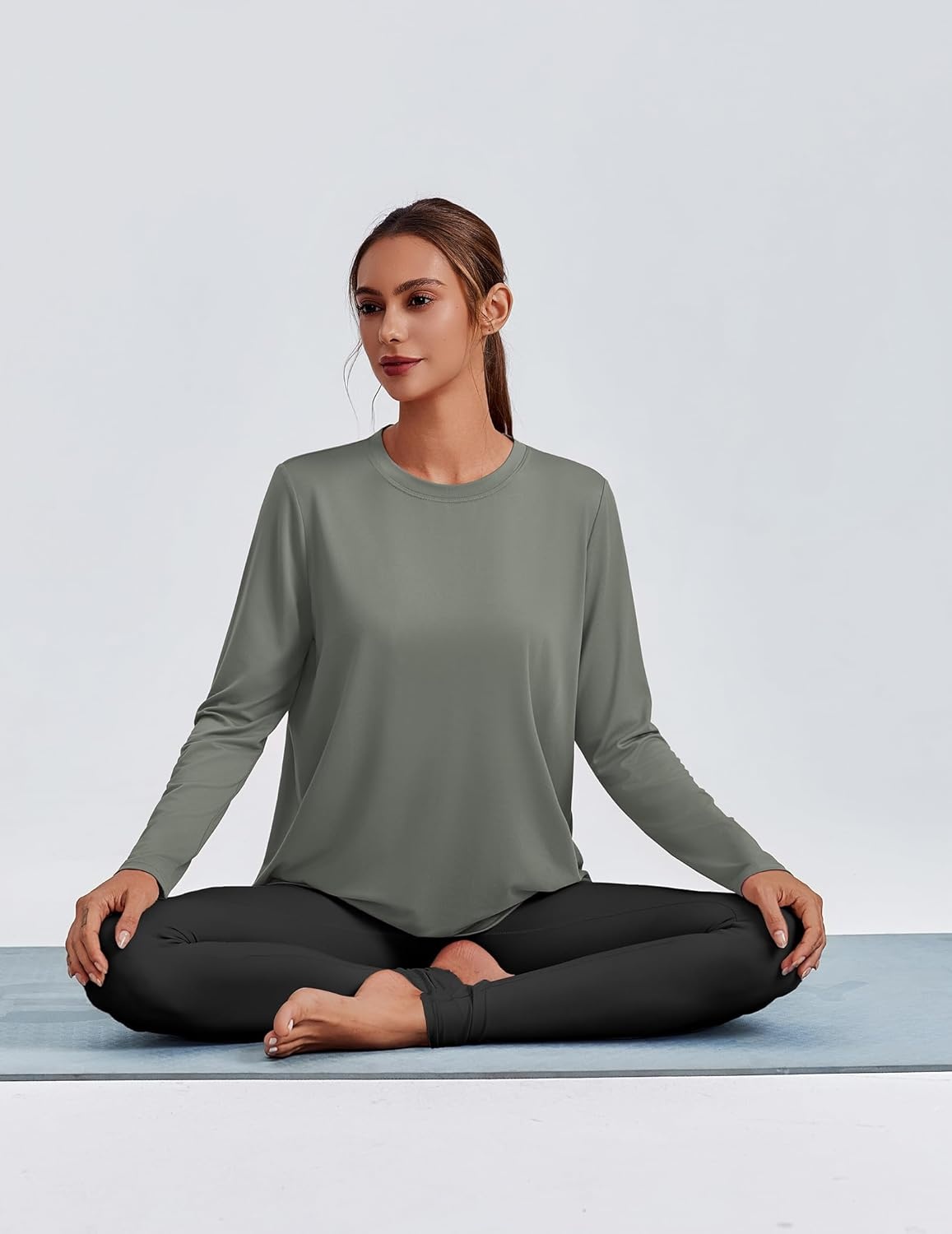 image:imagePINSPARK Workout Tops for Women Long Sleeve Yoga Shirts Quick Dry UPF 40 Athletic Top Loose Fit for Running Gym HikingSage Grey