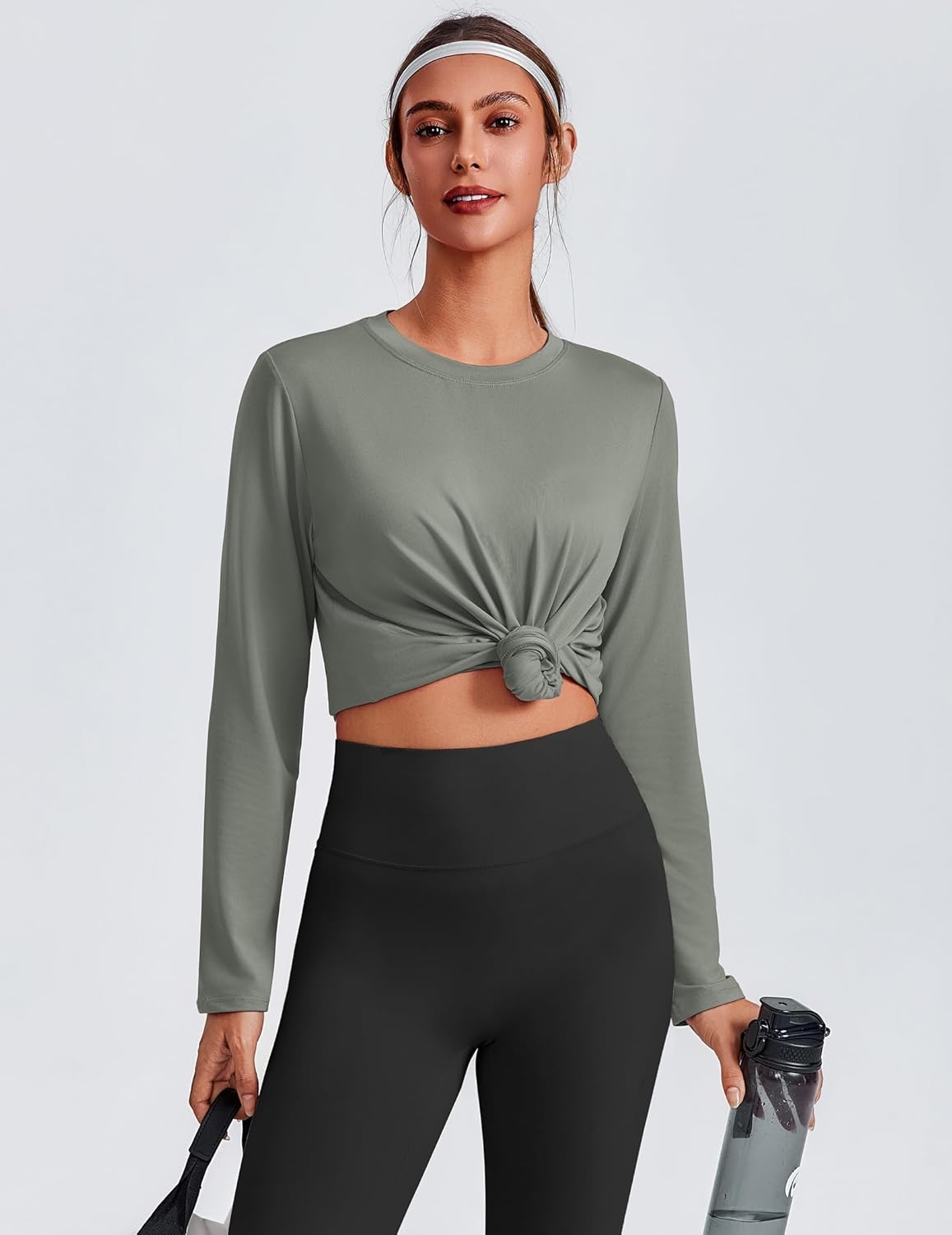 image:imagePINSPARK Workout Tops for Women Long Sleeve Yoga Shirts Quick Dry UPF 40 Athletic Top Loose Fit for Running Gym HikingSage Grey