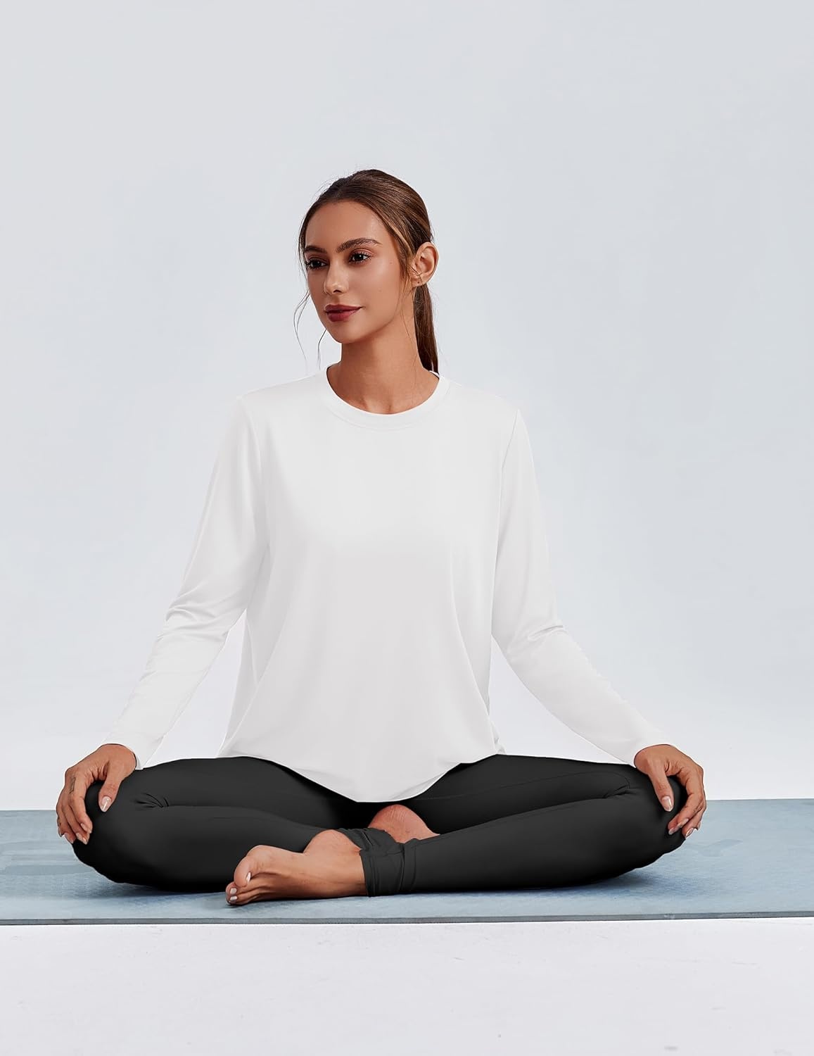 image:imagePINSPARK Workout Tops for Women Long Sleeve Yoga Shirts Quick Dry UPF 40 Athletic Top Loose Fit for Running Gym HikingWhite