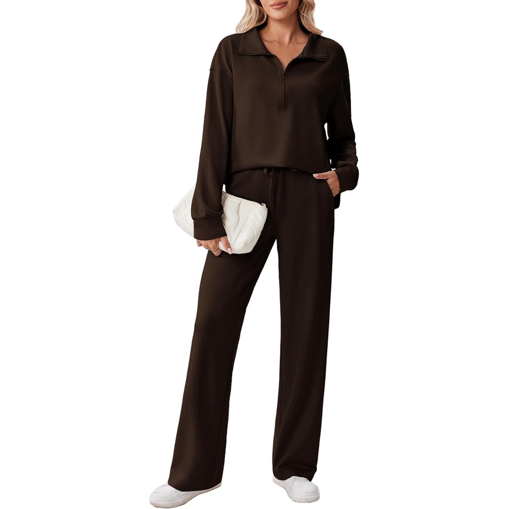 image:imagePINSPARK 2 Piece Sets for Women 12 Zip Sweatsuit Loose Fit Sweatshirt Straight Leg Pants 2025 Matching Outfit Fall TracksuitEspresso Brown