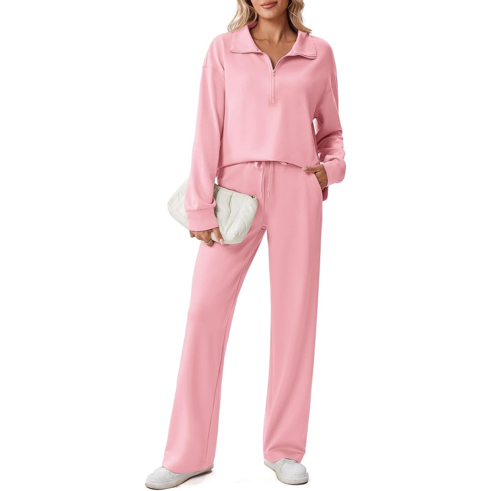 image:imagePINSPARK 2 Piece Sets for Women 12 Zip Sweatsuit Loose Fit Sweatshirt Straight Leg Pants 2025 Matching Outfit Fall TracksuitPink