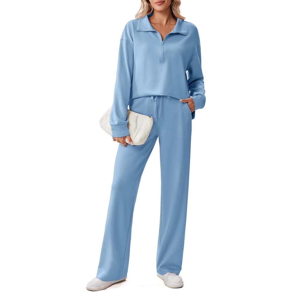 image:imagePINSPARK 2 Piece Sets for Women 12 Zip Sweatsuit Loose Fit Sweatshirt Straight Leg Pants 2025 Matching Outfit Fall TracksuitSky Blue