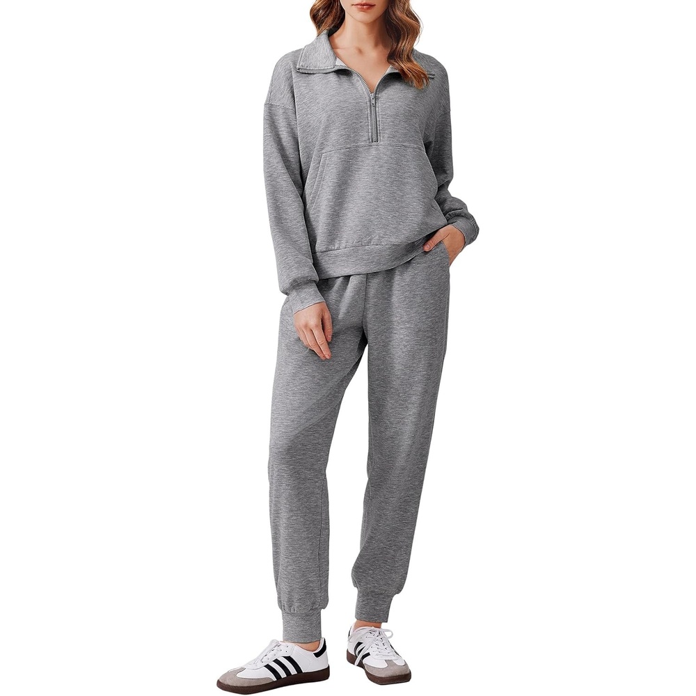 image:imagePINSPARK 2 Piece Sets for Women 2025 Fall Travel Outfits Long Sleeve Tracksuit Joggers Sets Half Zip Sweatsuit Matching SetGrey