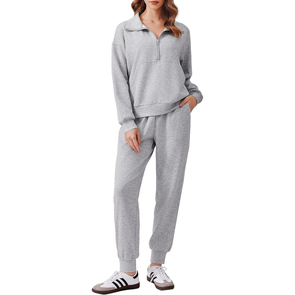image:imagePINSPARK 2 Piece Sets for Women 2025 Fall Travel Outfits Long Sleeve Tracksuit Joggers Sets Half Zip Sweatsuit Matching SetLight Grey
