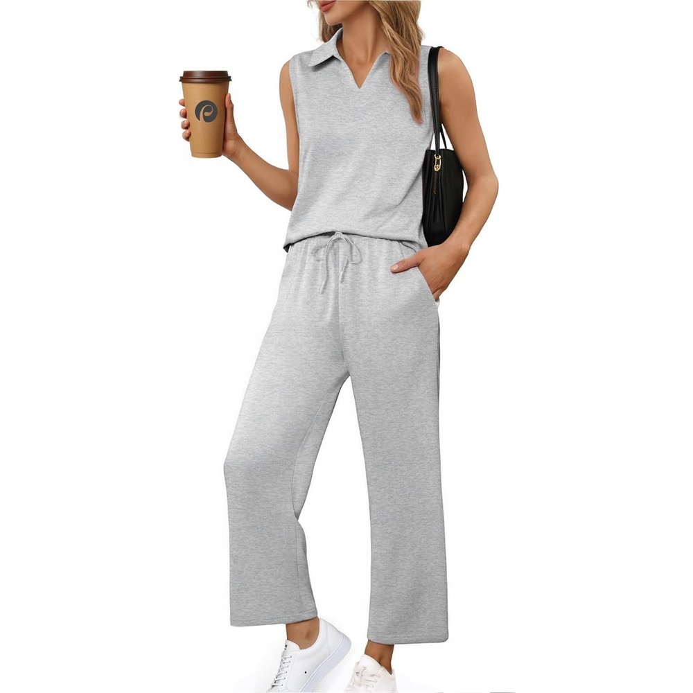 image:imagePINSPARK 2 Piece Sets for Women Sleeveless Matching Lounge Sets V Neck Tops Wide Leg Crop Pants Summer Travel Outfits 2026Light Grey