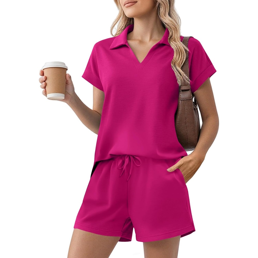 image:imagePINSPARK 2 Piece Sets for Women Summer Lounge Sets Short Sleeve Sweatsuit Vneck Tops and Drawstring Shorts Outfits TracksuitHot Pink
