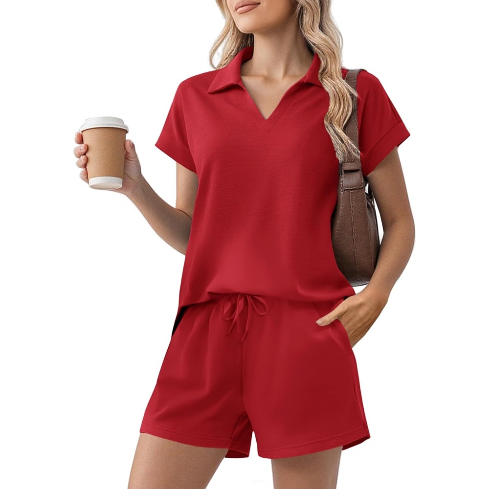 image:imagePINSPARK 2 Piece Sets for Women Summer Lounge Sets Short Sleeve Sweatsuit Vneck Tops and Drawstring Shorts Outfits TracksuitRed