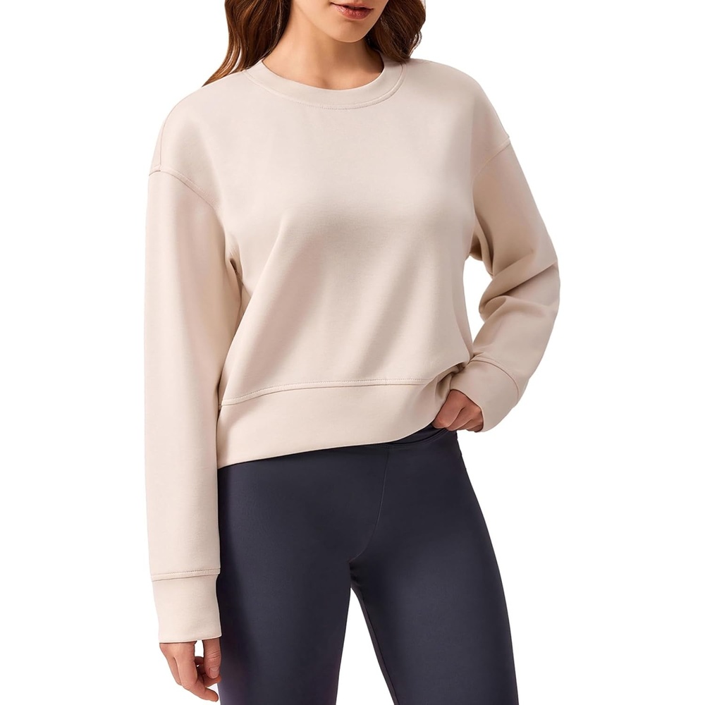 image:imagePINSPARK Soft Crewneck Cropped Sweatshirt for Women Long Sleeve Relaxed Lightweight Basic Crop Tops 2025Apricot