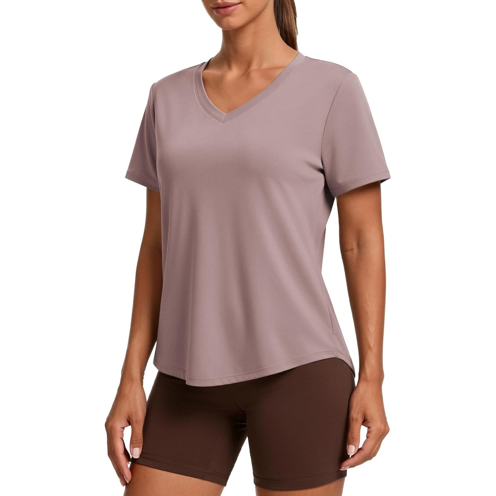 image:imagePINSPARK Soft Workout Tops for Women Short Sleeve V Neck Moisture Wicking UPF 50 Sun Protection Quick Dry Gym Shirts06 Warm Tan