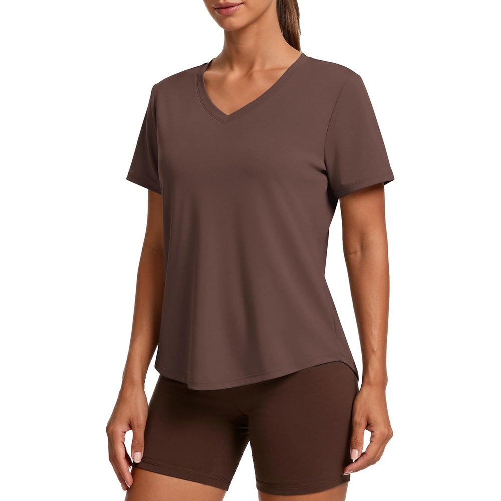 image:imagePINSPARK Soft Workout Tops for Women Short Sleeve V Neck Moisture Wicking UPF 50 Sun Protection Quick Dry Gym ShirtsBrown