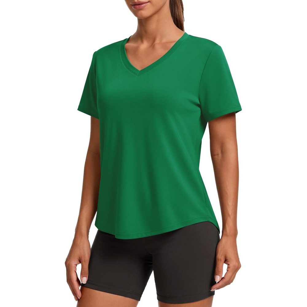 image:imagePINSPARK Soft Workout Tops for Women Short Sleeve V Neck Moisture Wicking UPF 50 Sun Protection Quick Dry Gym ShirtsGreen