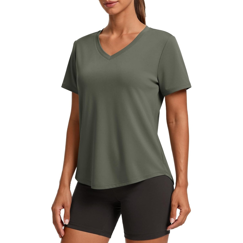 image:imagePINSPARK Soft Workout Tops for Women Short Sleeve V Neck Moisture Wicking UPF 50 Sun Protection Quick Dry Gym ShirtsOlive Green