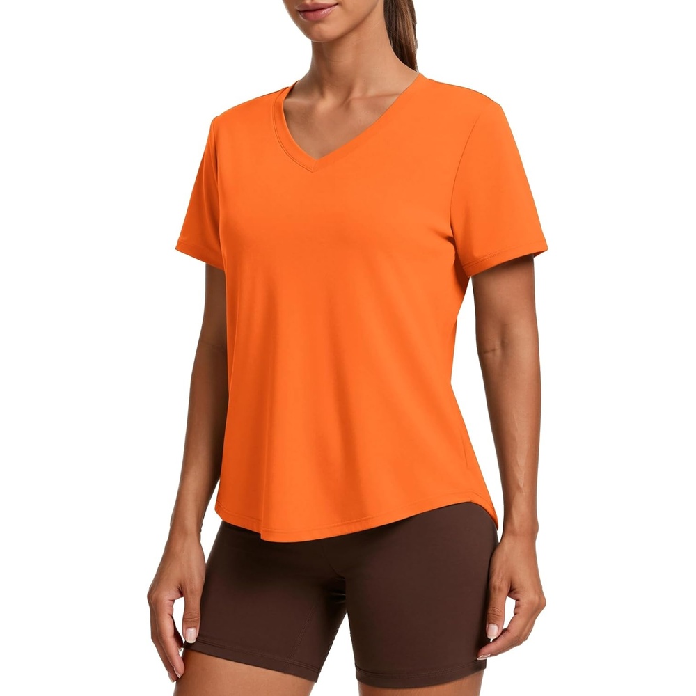 image:imagePINSPARK Soft Workout Tops for Women Short Sleeve V Neck Moisture Wicking UPF 50 Sun Protection Quick Dry Gym ShirtsOrange