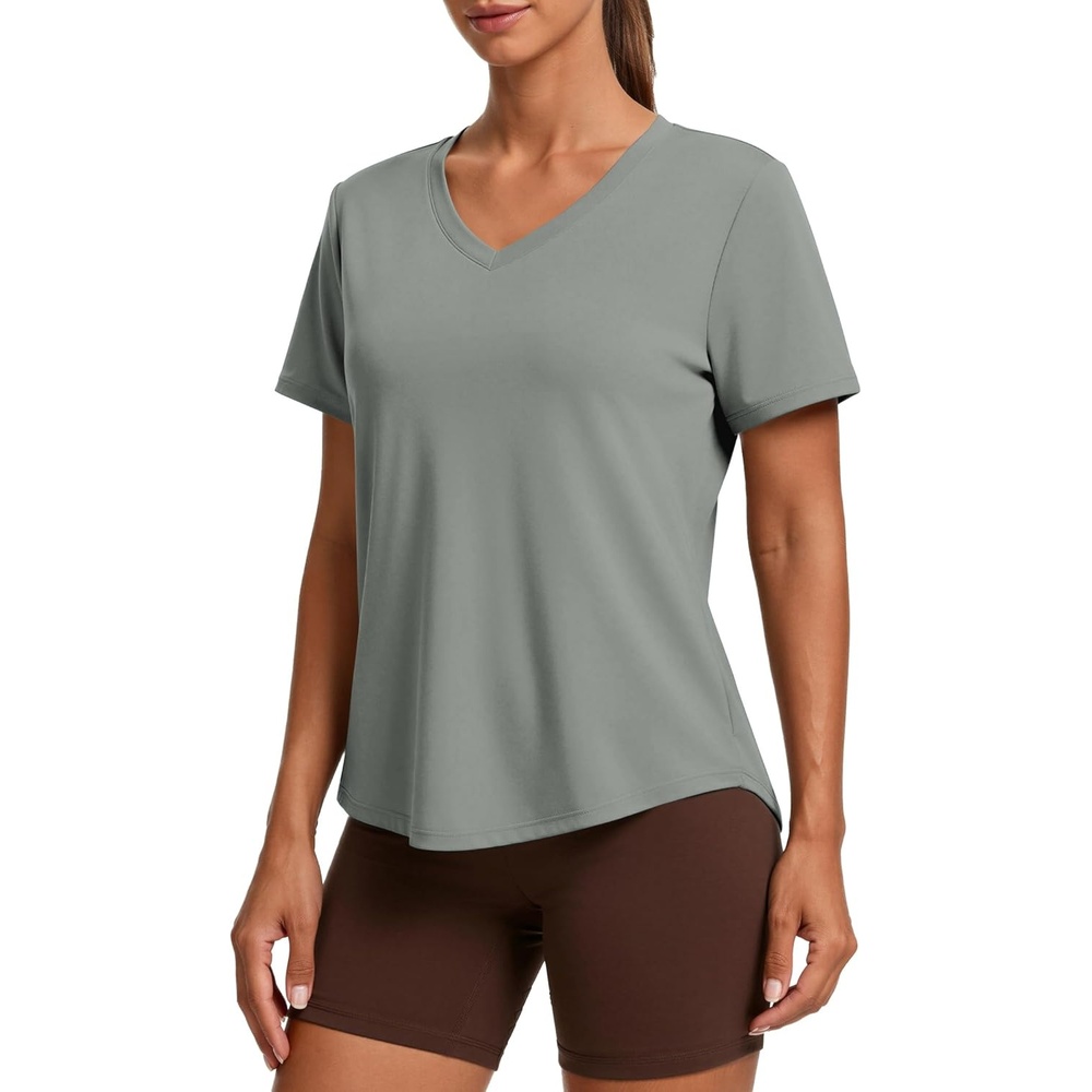 image:imagePINSPARK Soft Workout Tops for Women Short Sleeve V Neck Moisture Wicking UPF 50 Sun Protection Quick Dry Gym ShirtsSage Green