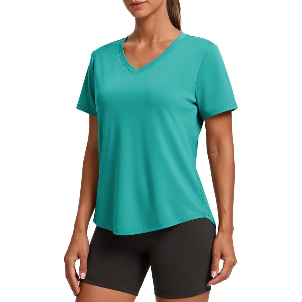 image:imagePINSPARK Soft Workout Tops for Women Short Sleeve V Neck Moisture Wicking UPF 50 Sun Protection Quick Dry Gym ShirtsTeal
