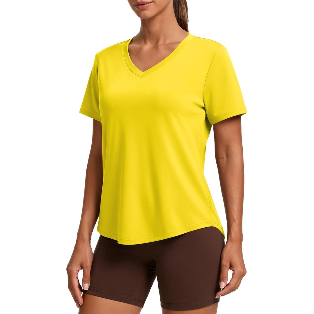 image:imagePINSPARK Soft Workout Tops for Women Short Sleeve V Neck Moisture Wicking UPF 50 Sun Protection Quick Dry Gym ShirtsYellow