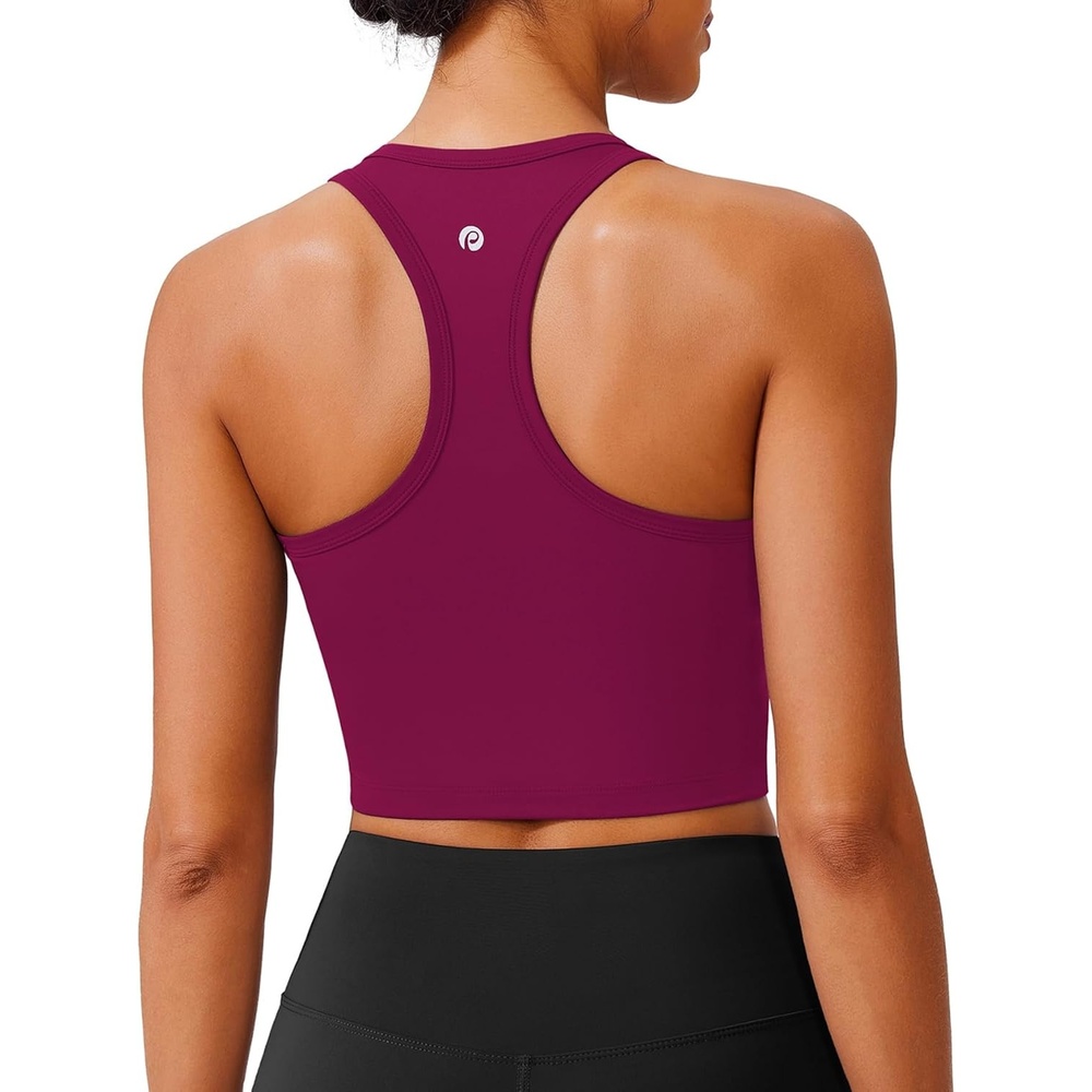 image:imagePINSPARK Sports Bra Longline Racerback Tank Tops for Women Padded Workout Yoga TopBerry Red