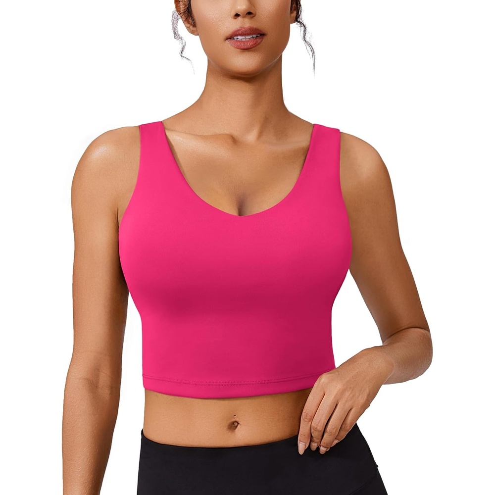 image:imagePINSPARK Sports Bras for Women Built in Bras Padded Yoga Bra V Neck Longline Workout Tank Tops with Removable PadsHot Pink